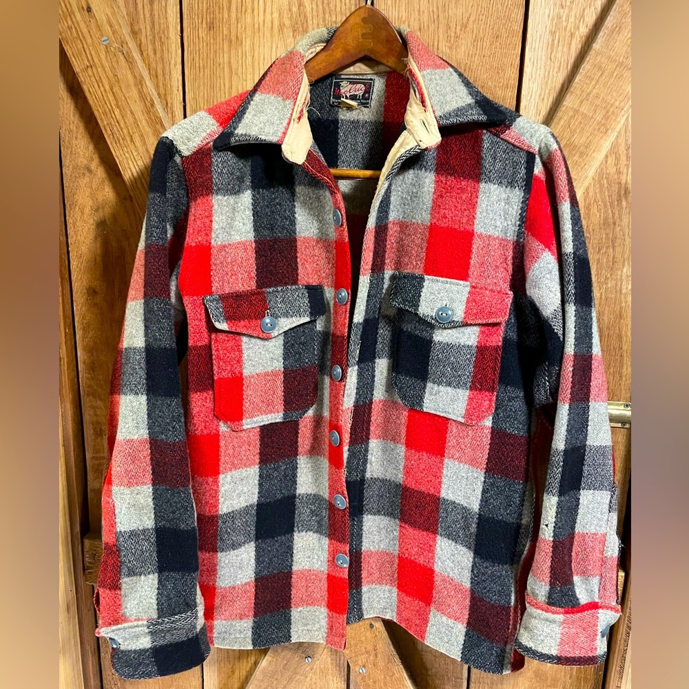 1950s Woolrich Red Black Cream Buffalo Check Heavy Wool Button Up Shirt Jacket M